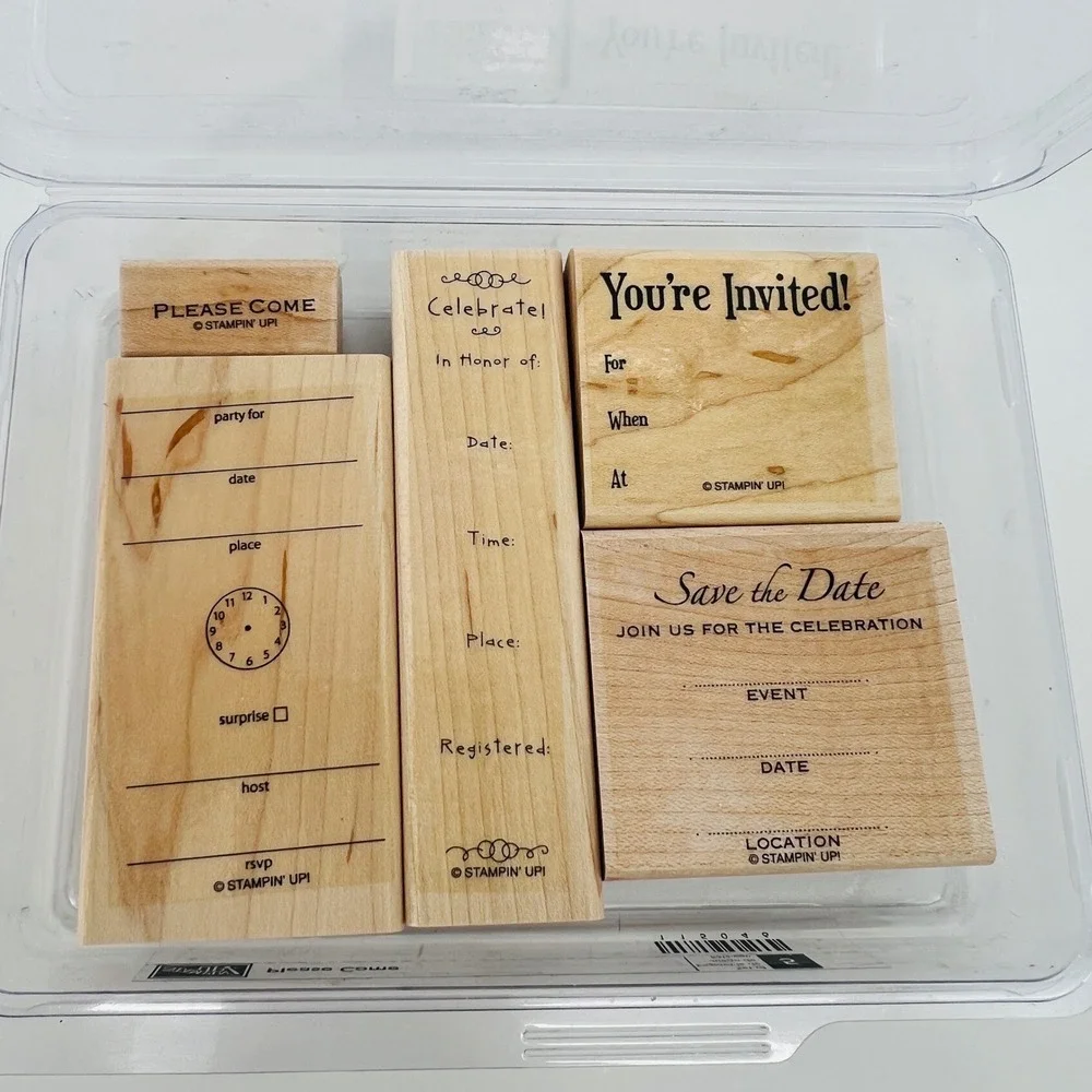 Stampin Up Invitation Rubber Stamp Set 5pc Tan Wood Mounted DIY Party Stationery